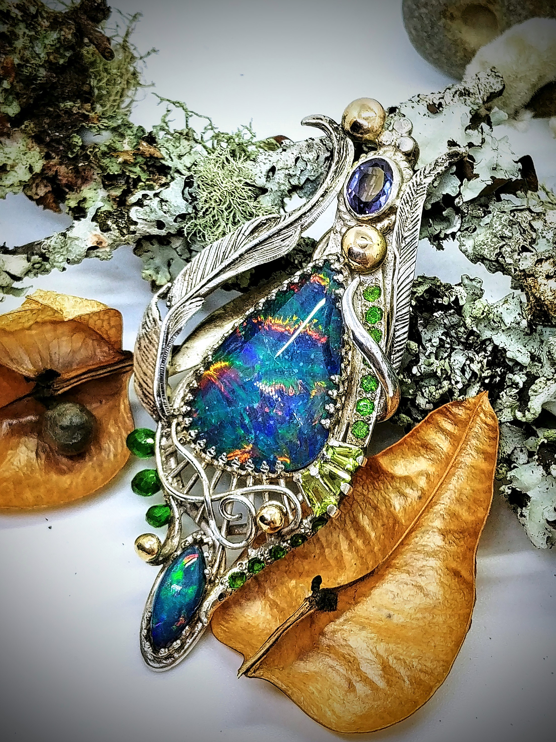 RTS - Stunning Australian Harlequin opal, Engraved feather necklace - Sterling - Video⏯ 4