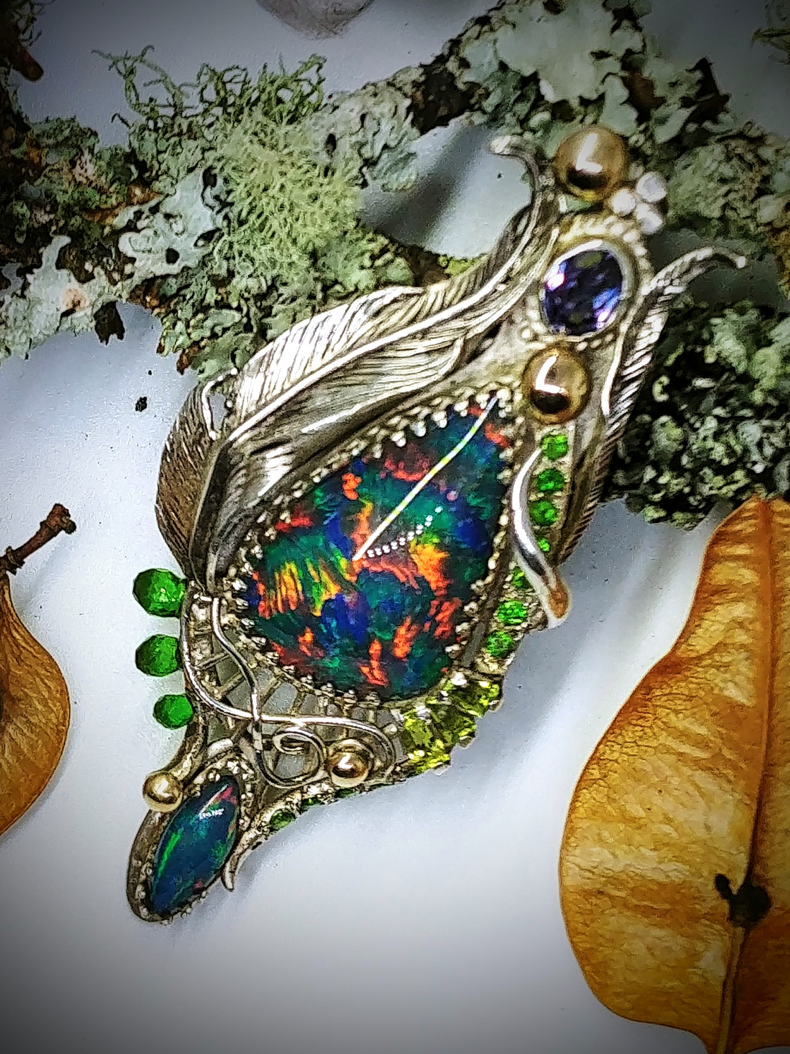 RTS - Stunning Australian Harlequin opal, Engraved feather necklace - Sterling - Video⏯ 1