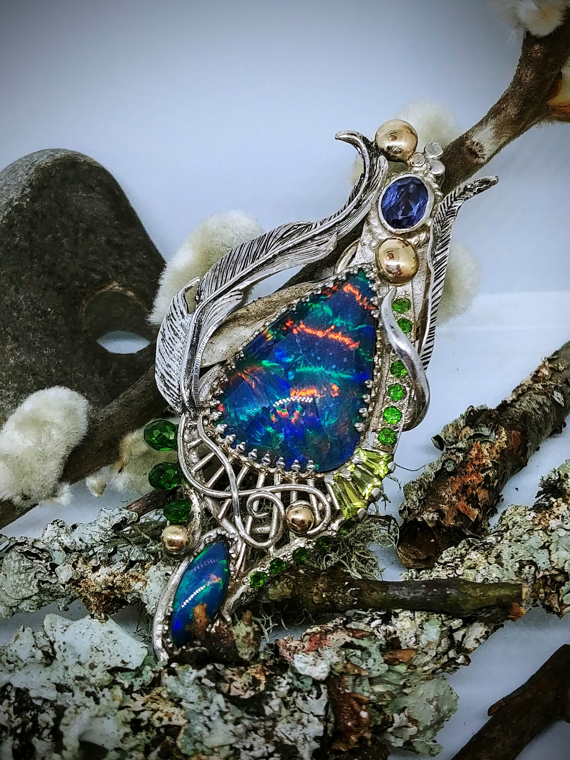 RTS - Stunning Australian Harlequin opal, Engraved feather necklace - Sterling - Video⏯ 7