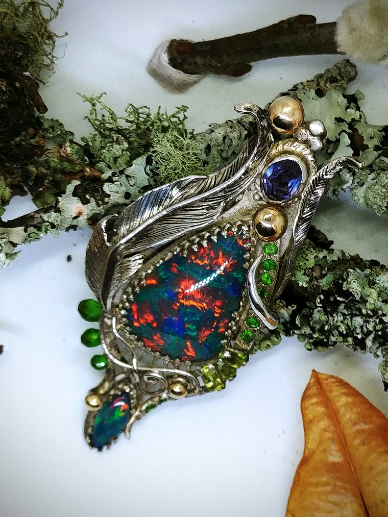 RTS - Stunning Australian Harlequin opal, Engraved feather necklace - Sterling - Video⏯ 8