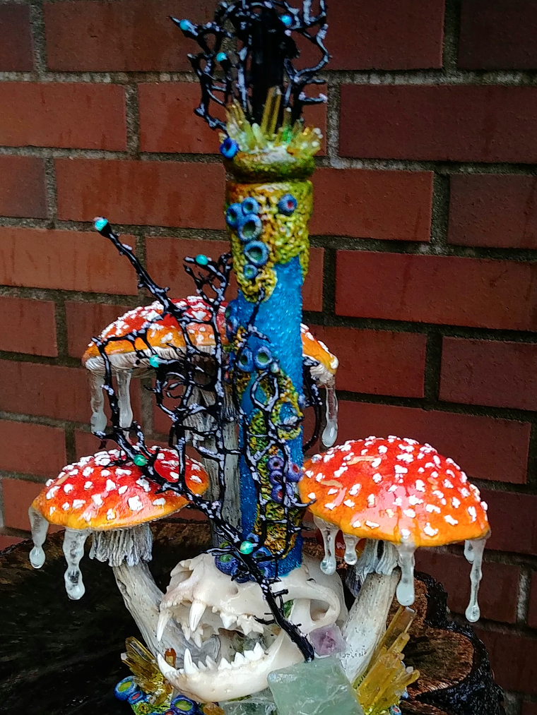 RTS - Feline taxidermy skull & mushroom bottle/urn - Nightlight 6