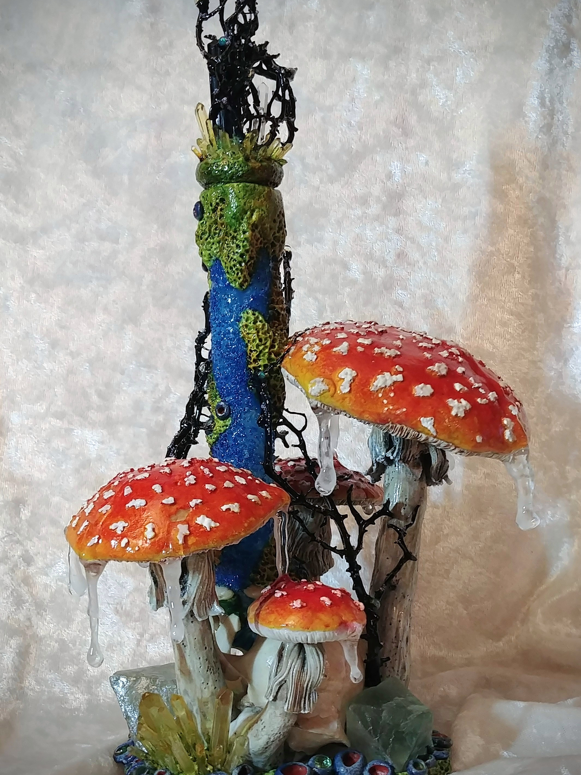 RTS - Feline taxidermy skull & mushroom bottle/urn - Nightlight 7