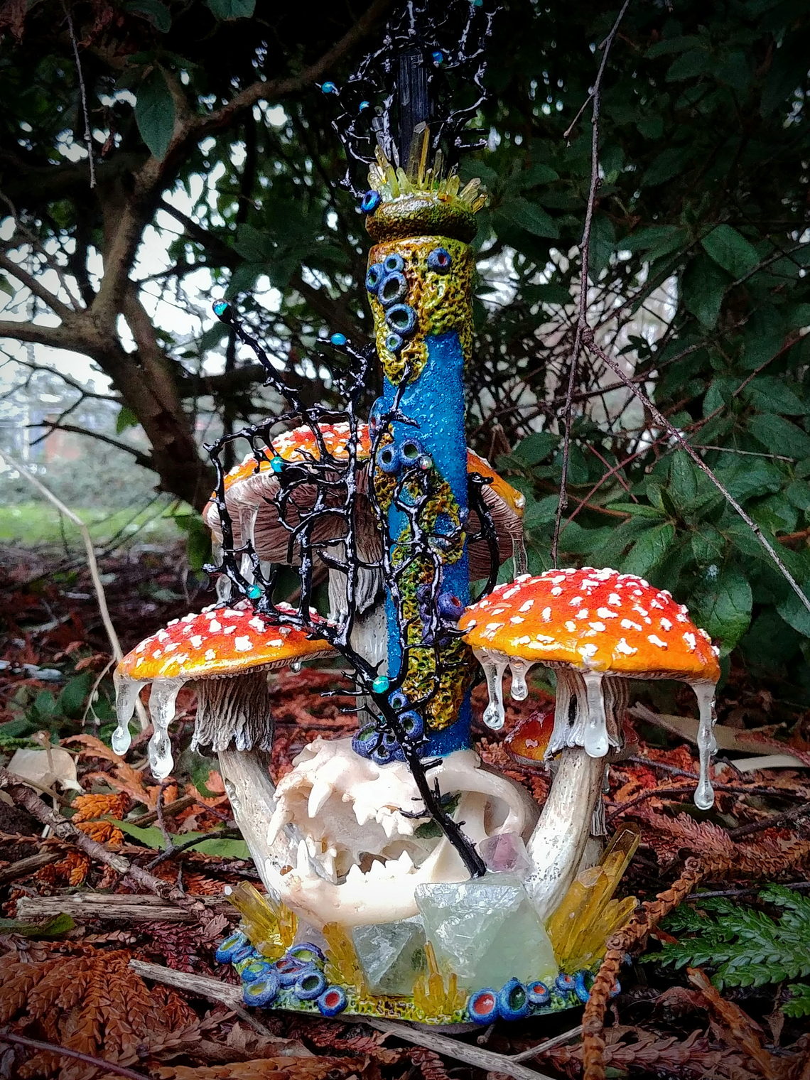 RTS - Feline taxidermy skull & mushroom bottle/urn - Nightlight 1