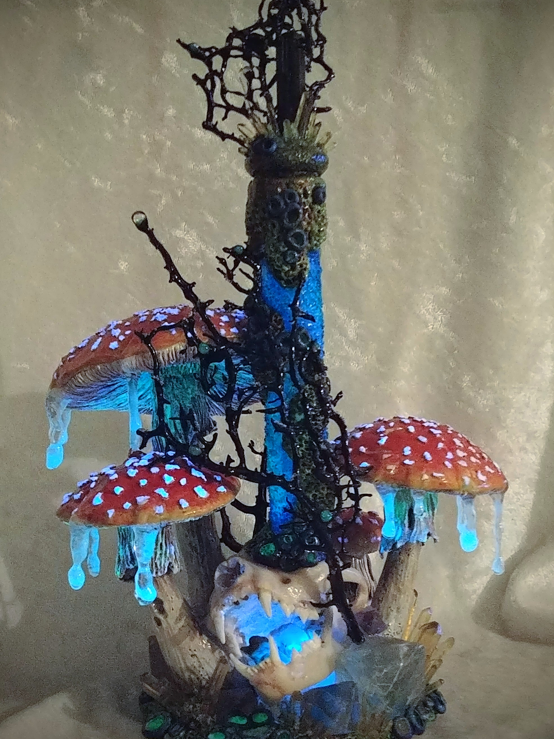 RTS - Feline taxidermy skull & mushroom bottle/urn - Nightlight 2