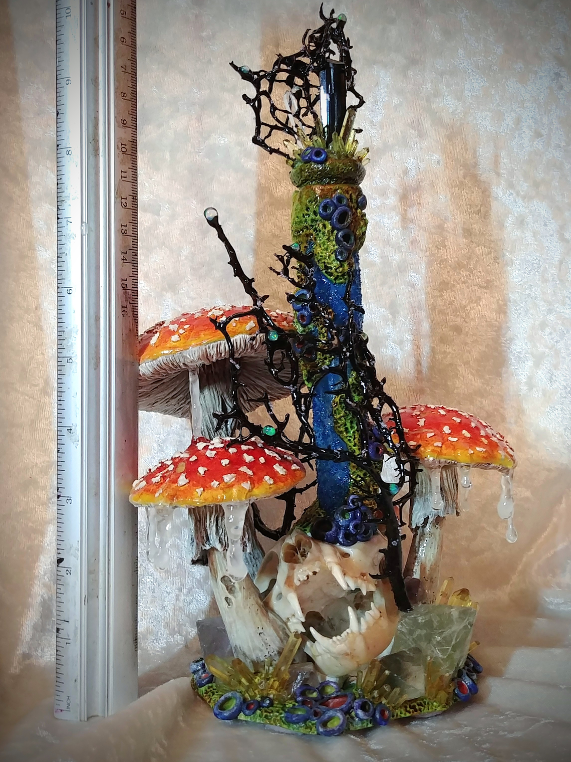 RTS - Feline taxidermy skull & mushroom bottle/urn - Nightlight 8