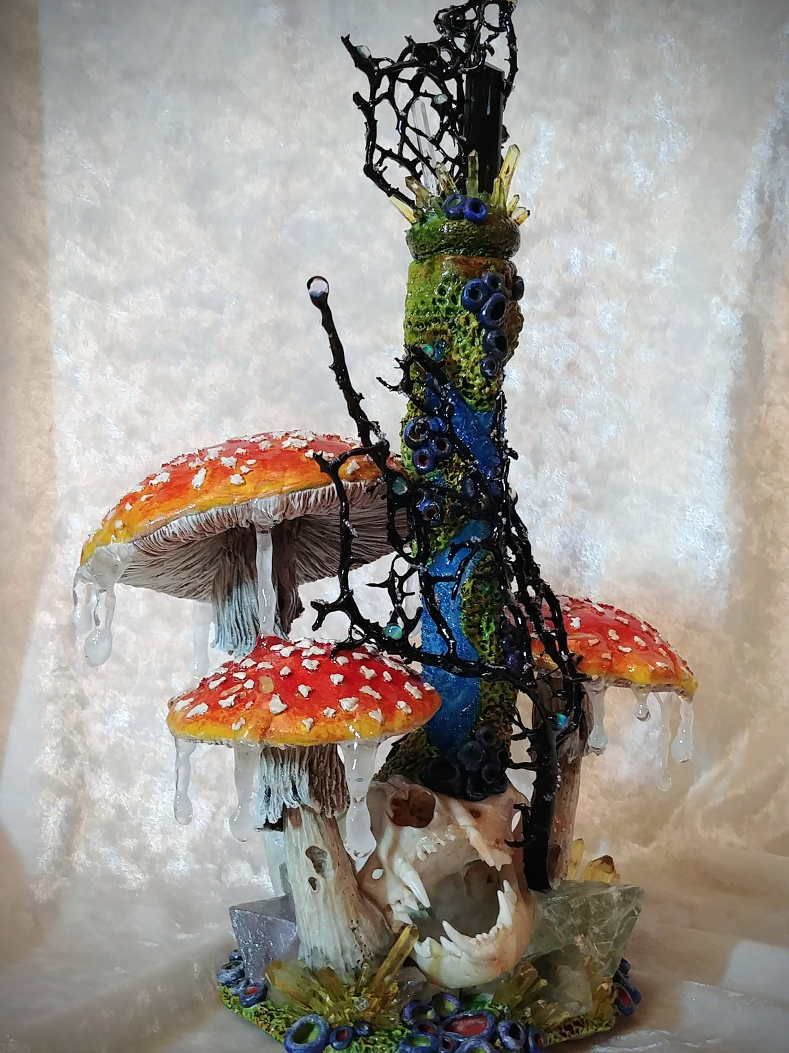 RTS - Feline taxidermy skull & mushroom bottle/urn - Nightlight 10