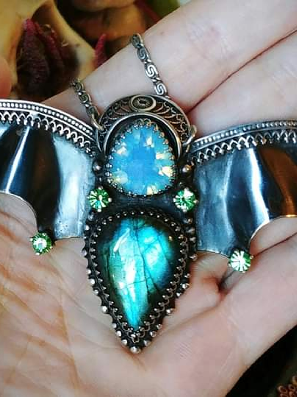 MTO ☢ Large bat goddess necklace, UG glass  & labradorite - Sterling -  Private collection 7