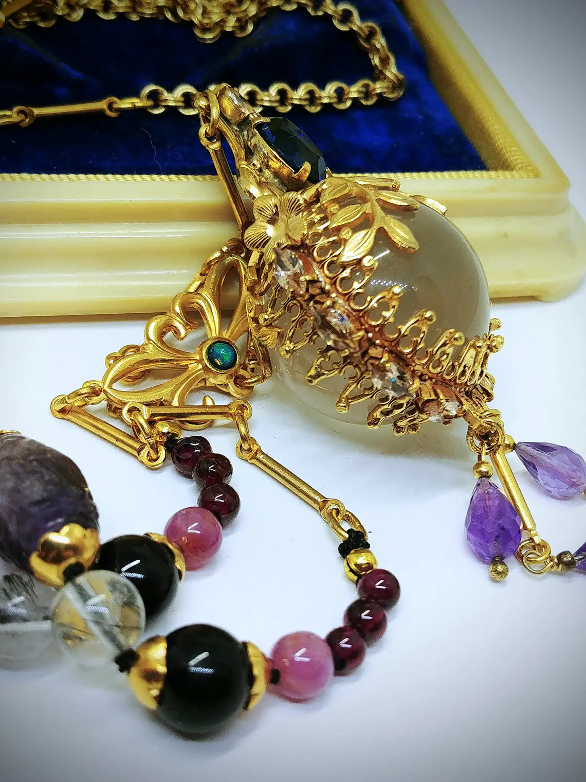 Gold-Filled - 3.5ct ☢ UG & 25ct Star rose quartz, pendulum necklace 6