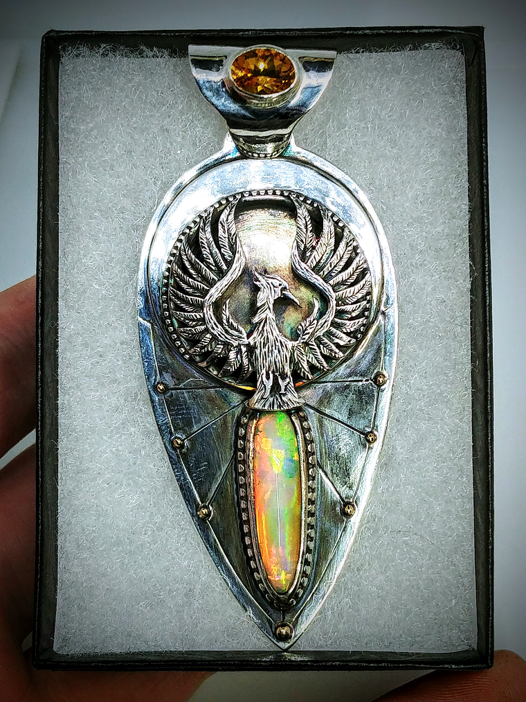 Hand engraved Phoenix & Fire opal - Private collection 4