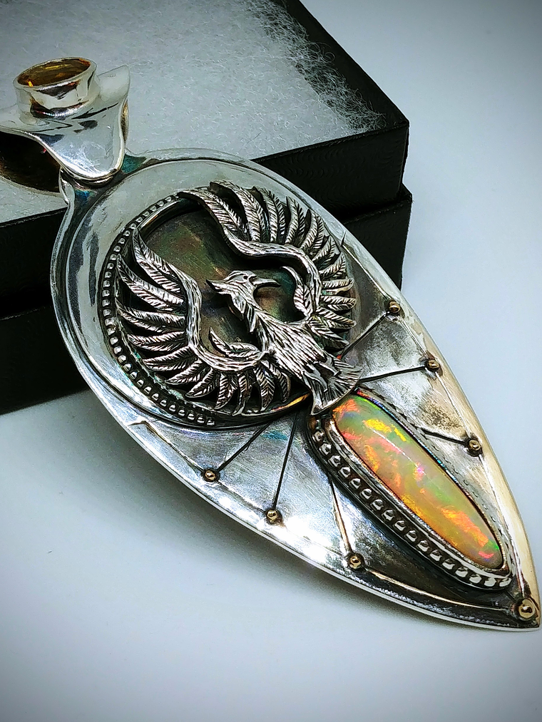 Hand engraved Phoenix & Fire opal - Private collection 2