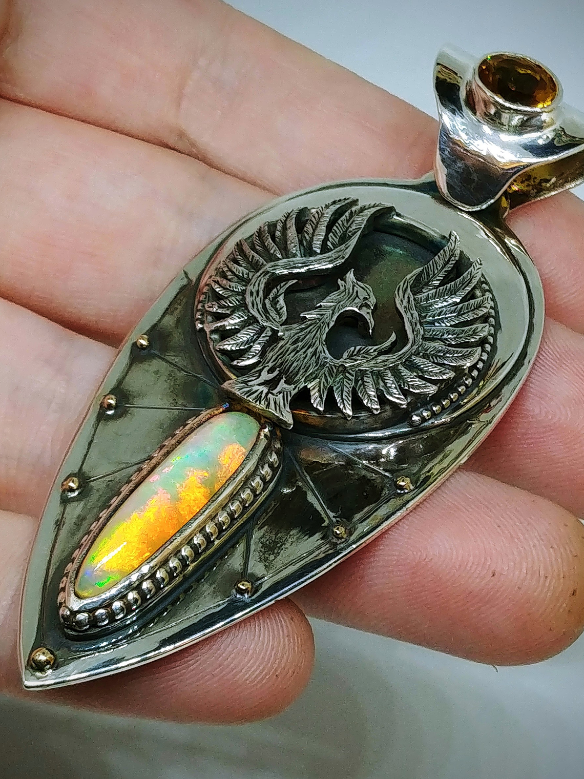 Hand engraved Phoenix & Fire opal - Private collection 3