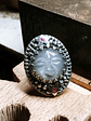 MTO - Carved Moonstone, moon face ring with rubies  - Sterling - thumbnail 1