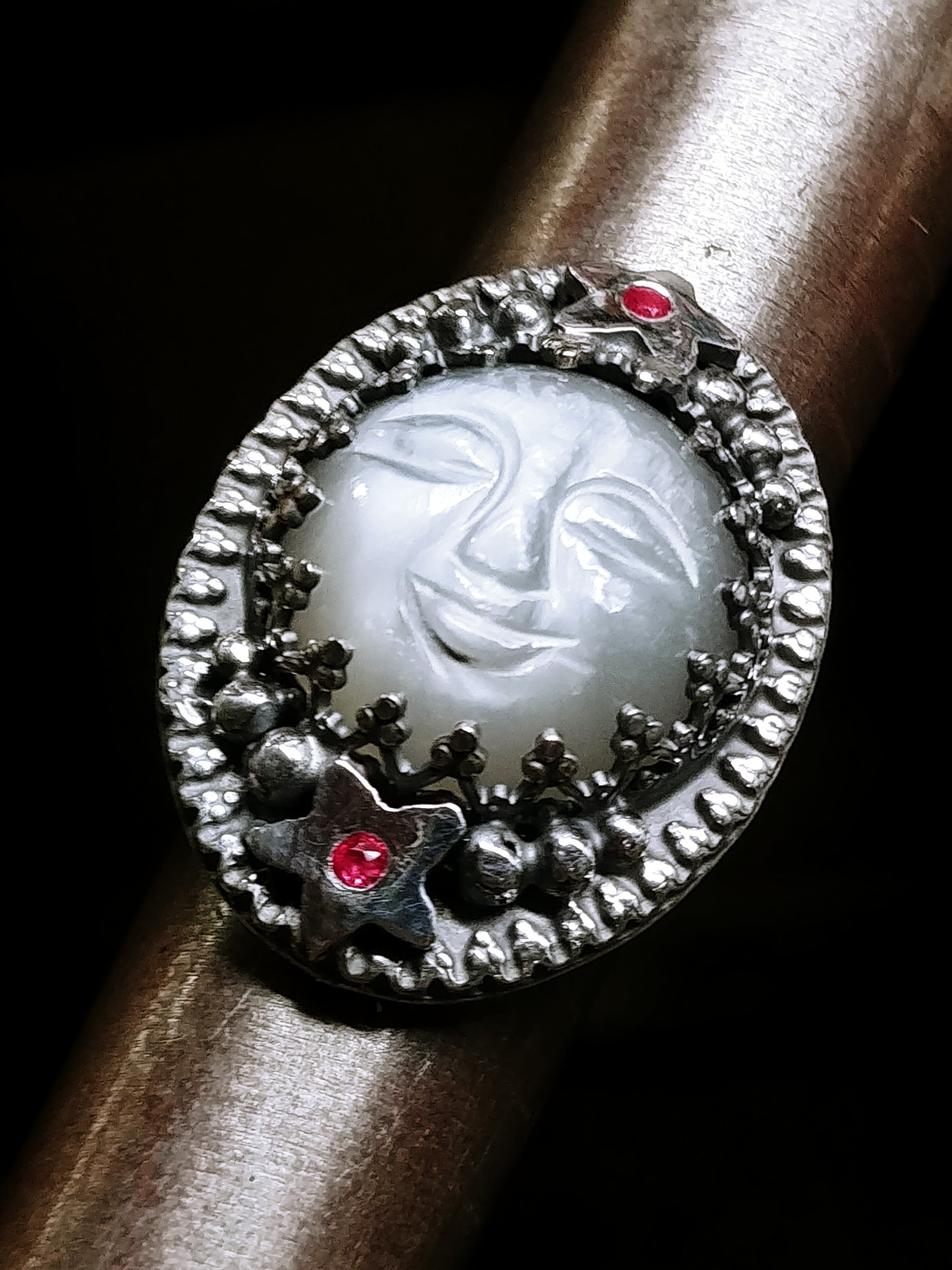 MTO - Carved Moonstone, moon face ring with rubies  - Sterling 2