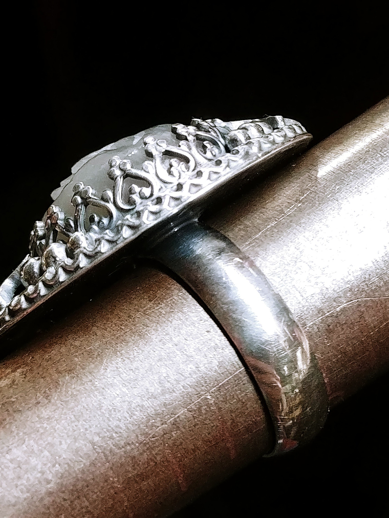 MTO - Carved Moonstone, moon face ring with rubies  - Sterling 4