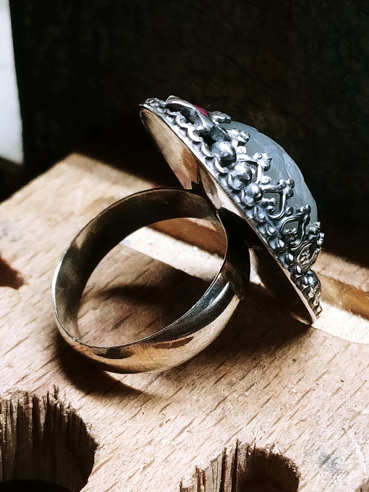 MTO - Carved Moonstone, moon face ring with rubies  - Sterling 5