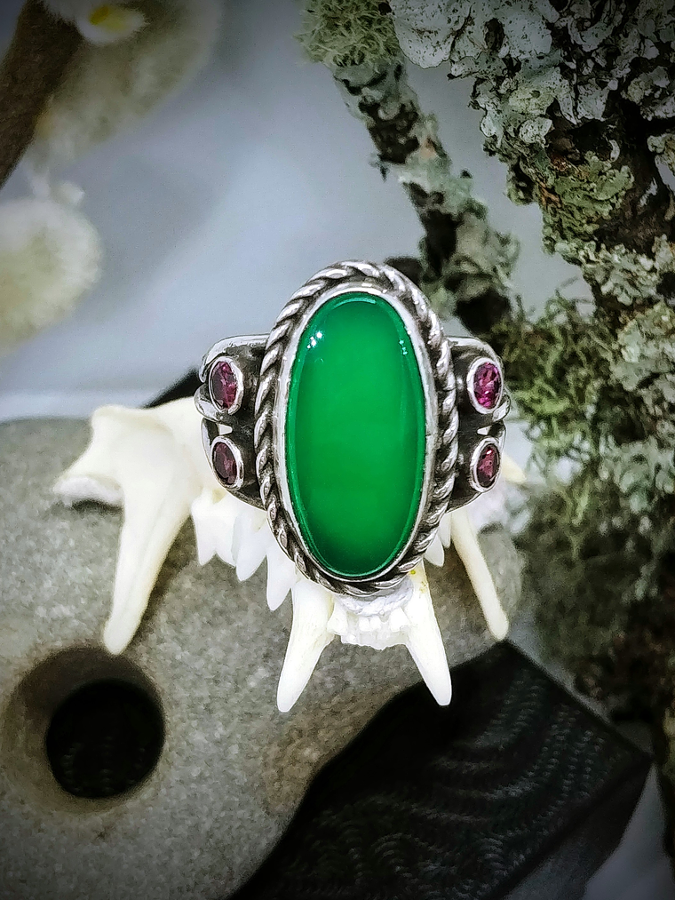 Chrysoprase and Rhodolite garnet double band ring - Private collection 4