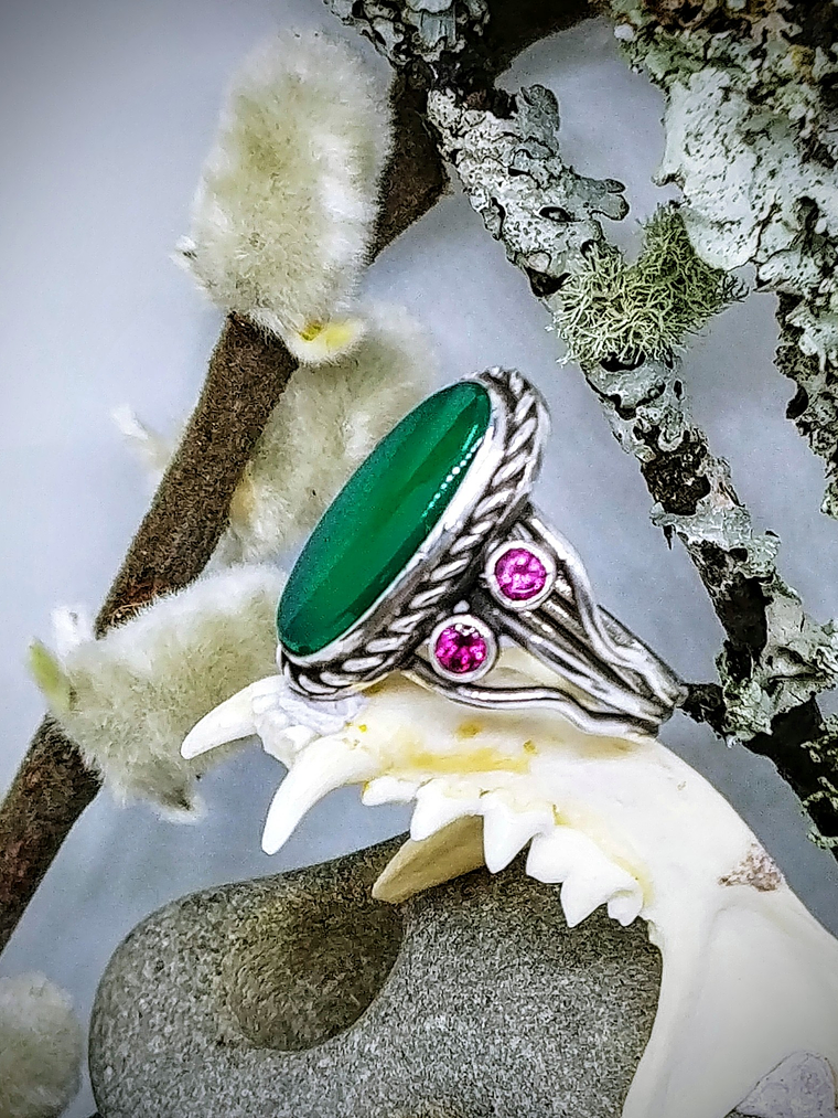 Chrysoprase and Rhodolite garnet double band ring - Private collection 6