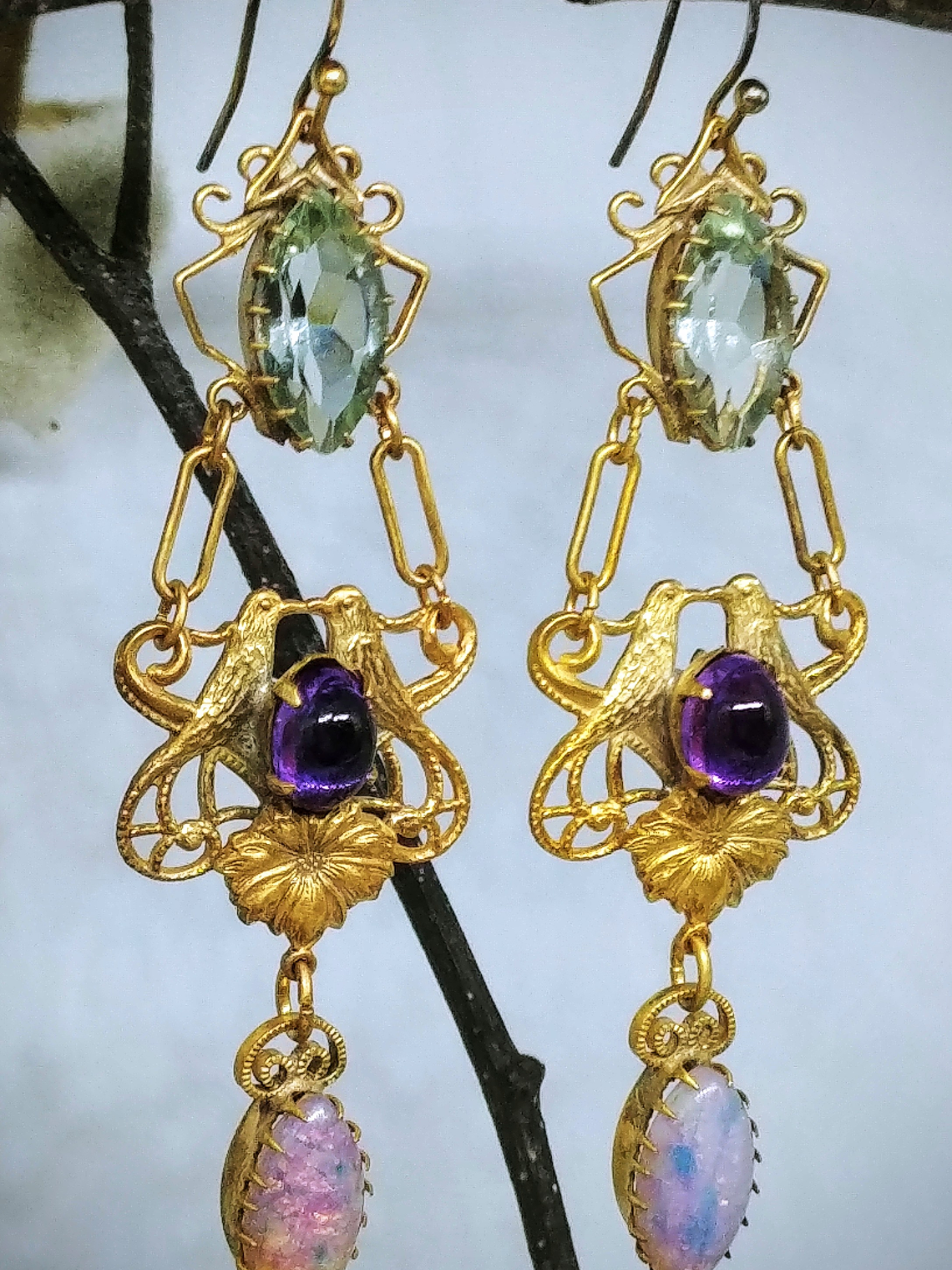 RTS - Victorian inspired lovebirds with Genuine amethyst, prasiolite and glass opal earrings - Costume 1