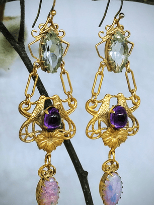 CJ - Victorian inspired lovebirds with Genuine amethyst, prasiolite and glass opal earrings. 