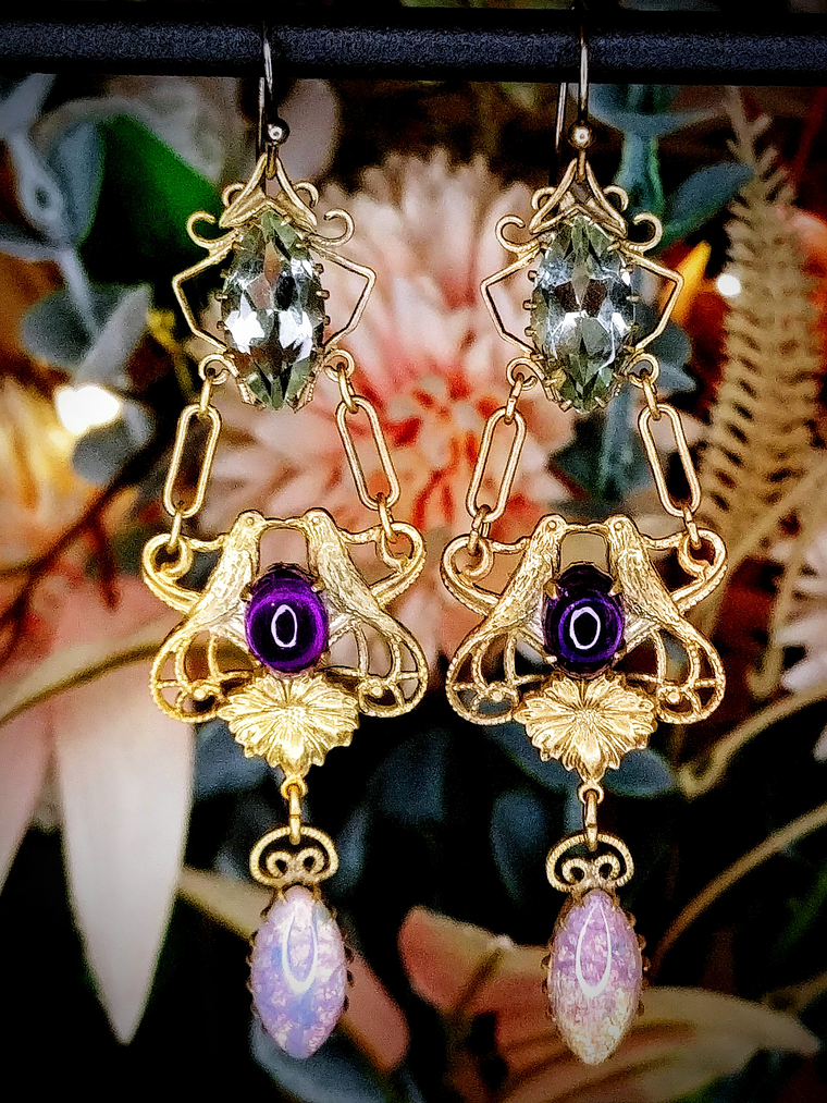 RTS - Victorian inspired lovebirds with Genuine amethyst, prasiolite and glass opal earrings - Costume 2