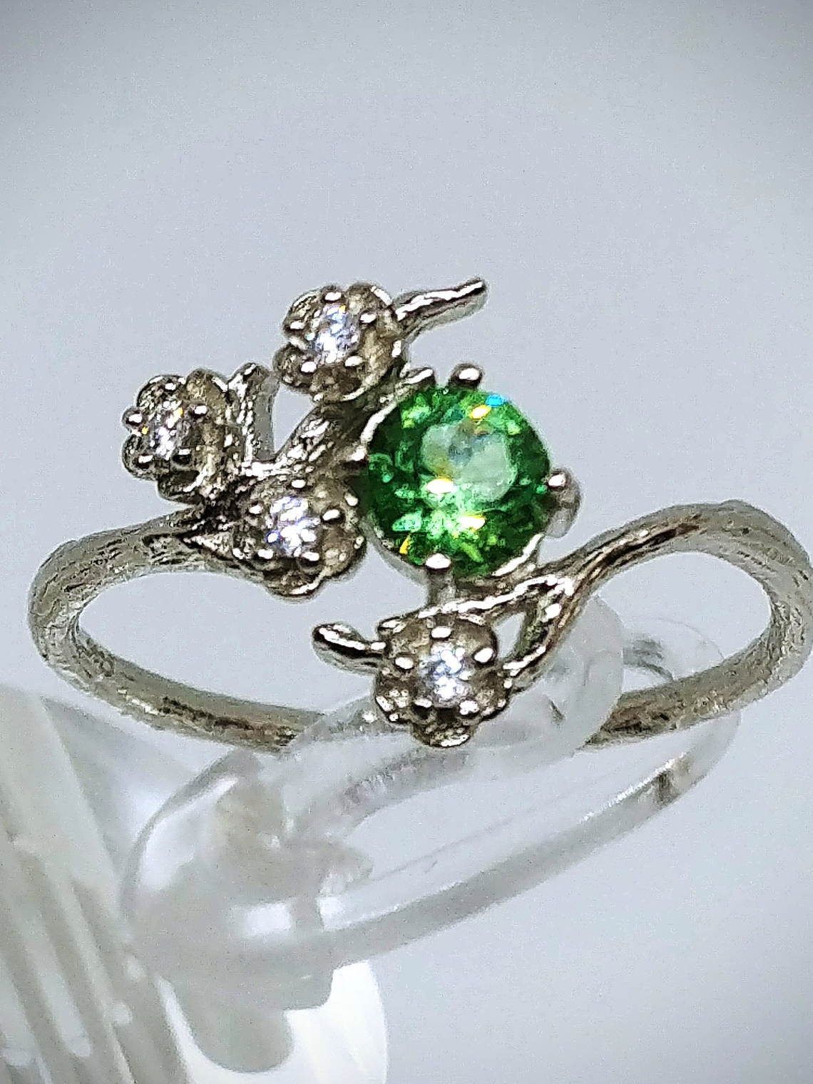 RTS Sz 6 ☢ Woodland branches and blossoms, vintage UG glass & Cz ring - Sterling  1