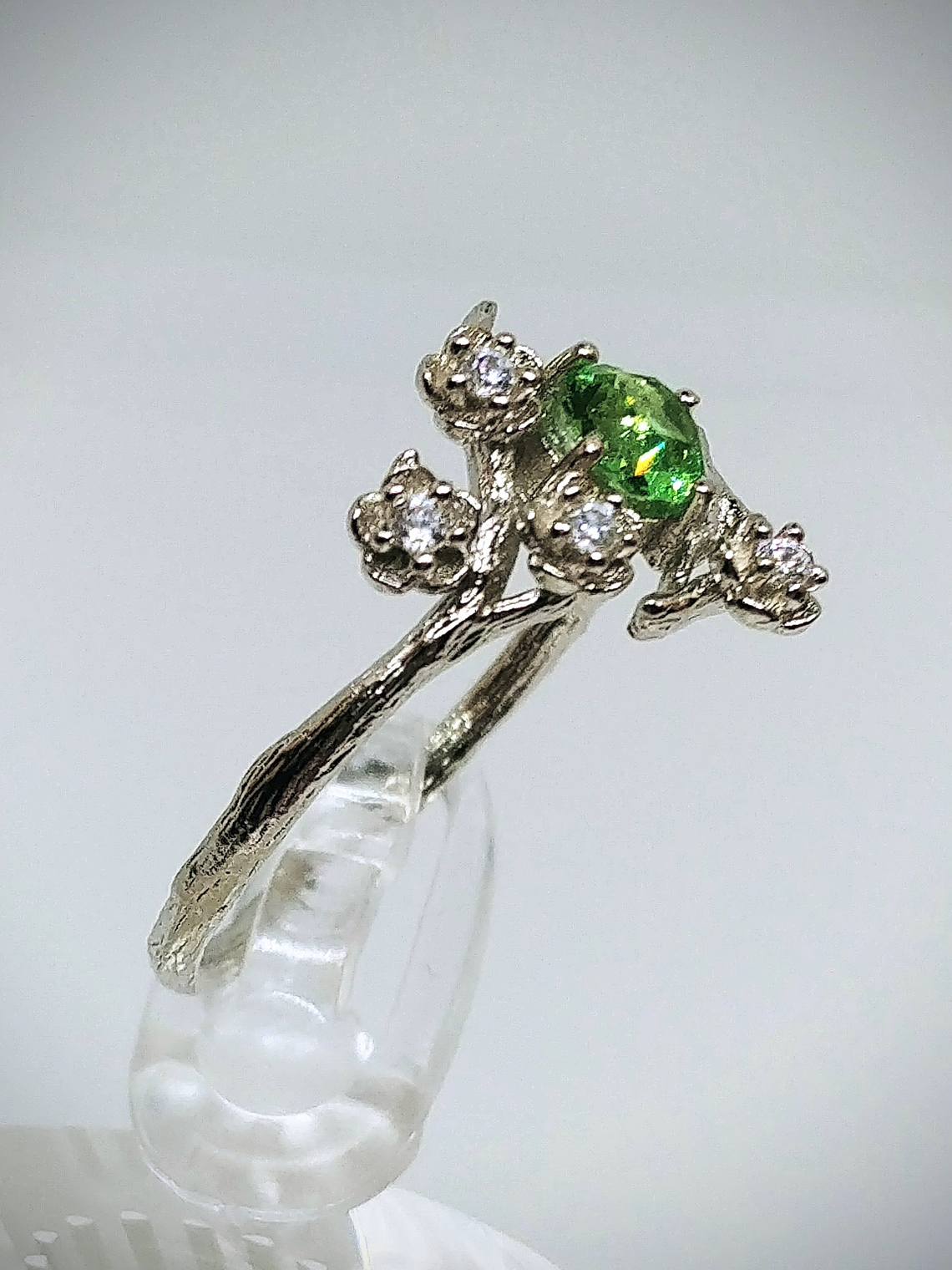 RTS Sz 6 ☢ Woodland branches and blossoms, vintage UG glass & Cz ring - Sterling  2