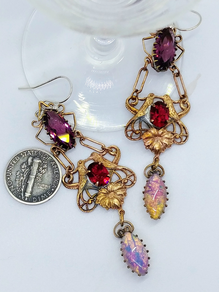 RTS - Victorian style, vintage Love-bird - Swarovski and Opal earrings 2