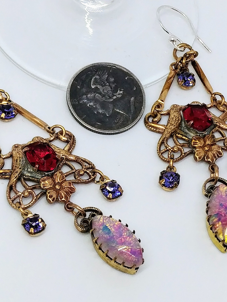 RTS - Victorian style, vintage Love-bird - Swarovski and Opal earrings 3