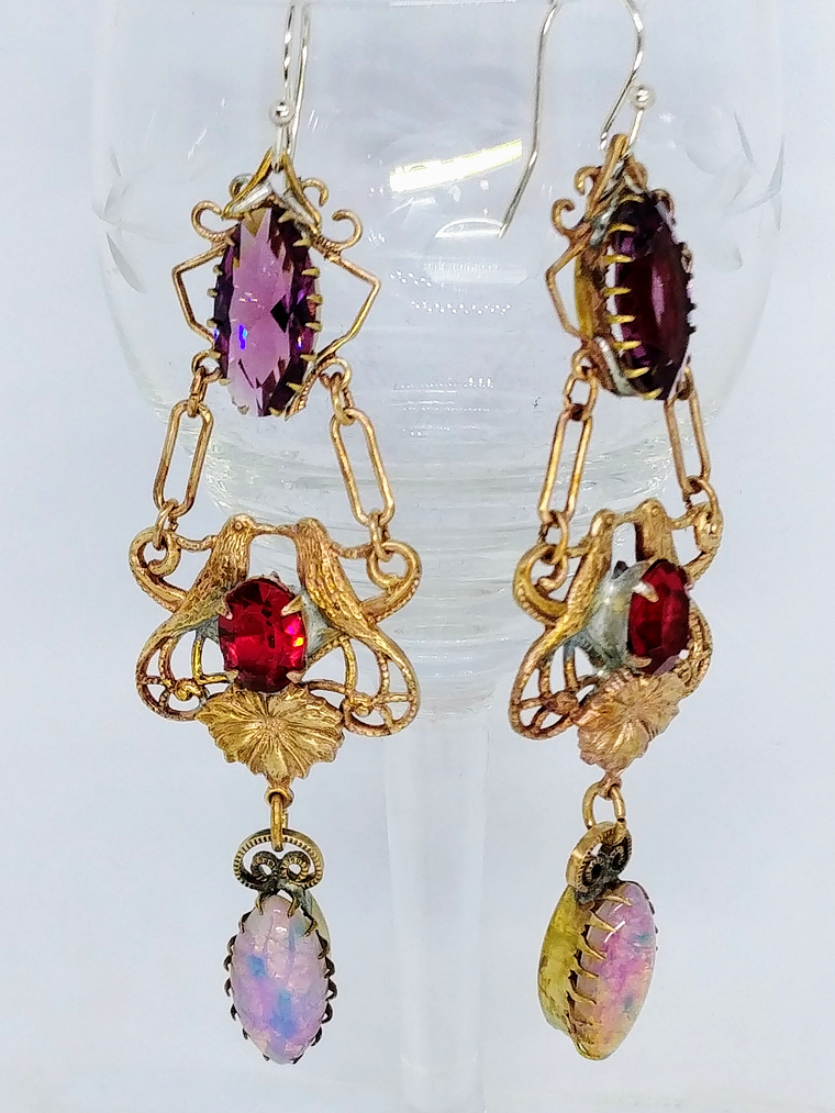 RTS - Victorian style, vintage Love-bird - Swarovski and Opal earrings 1