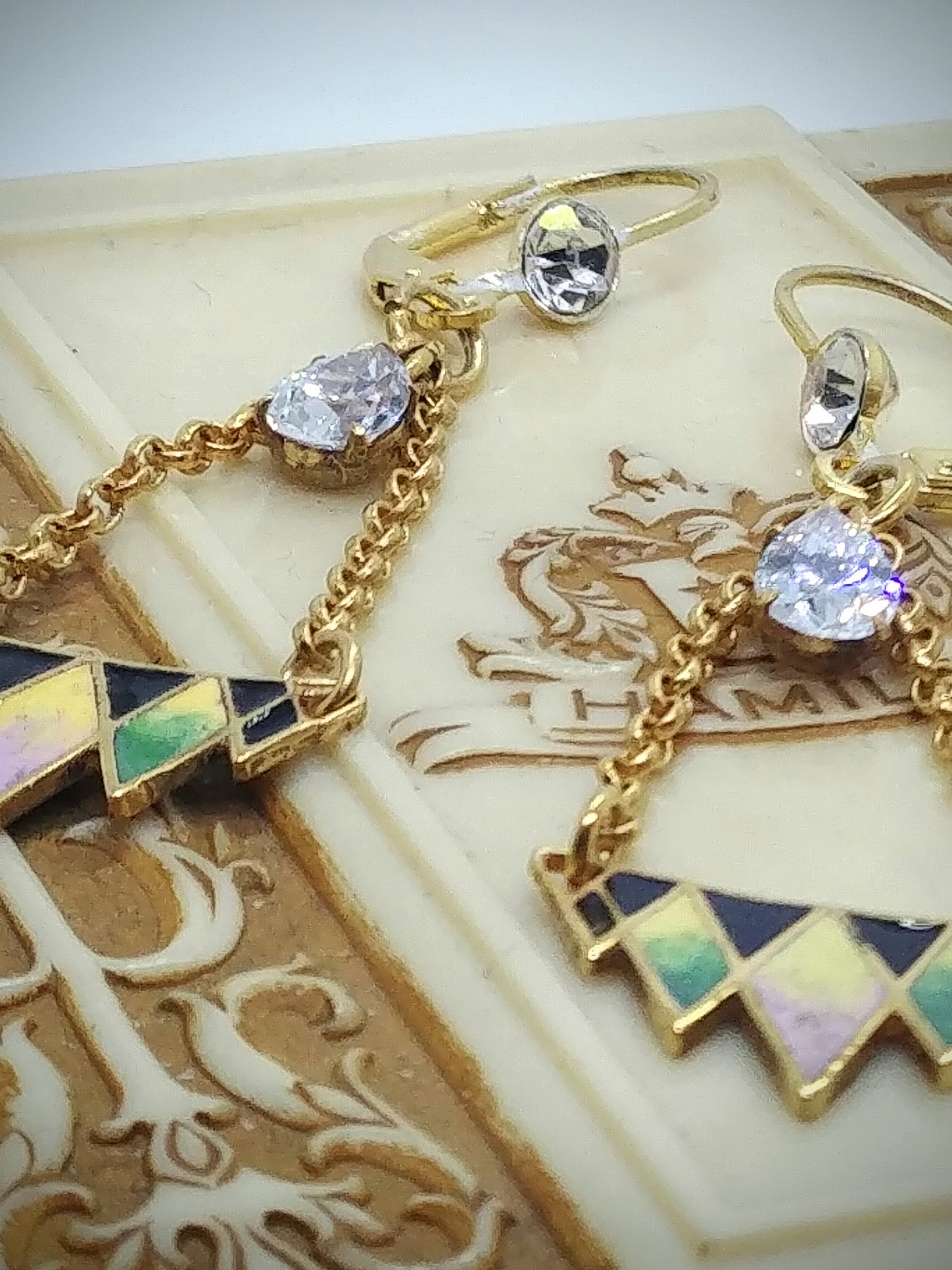 RTS - Art Deco inspired, Glass enamel & gemstone earrings 1