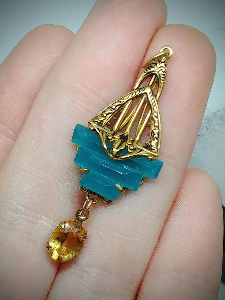 RTS - Art Deco inspired, Citrine & vintage Chrysoprase glass, Necklace and earring Set - GF 6