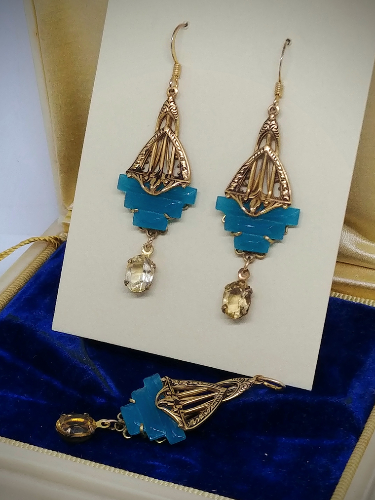 RTS - Art Deco inspired, Citrine & vintage Chrysoprase glass, Necklace and earring Set - GF 3