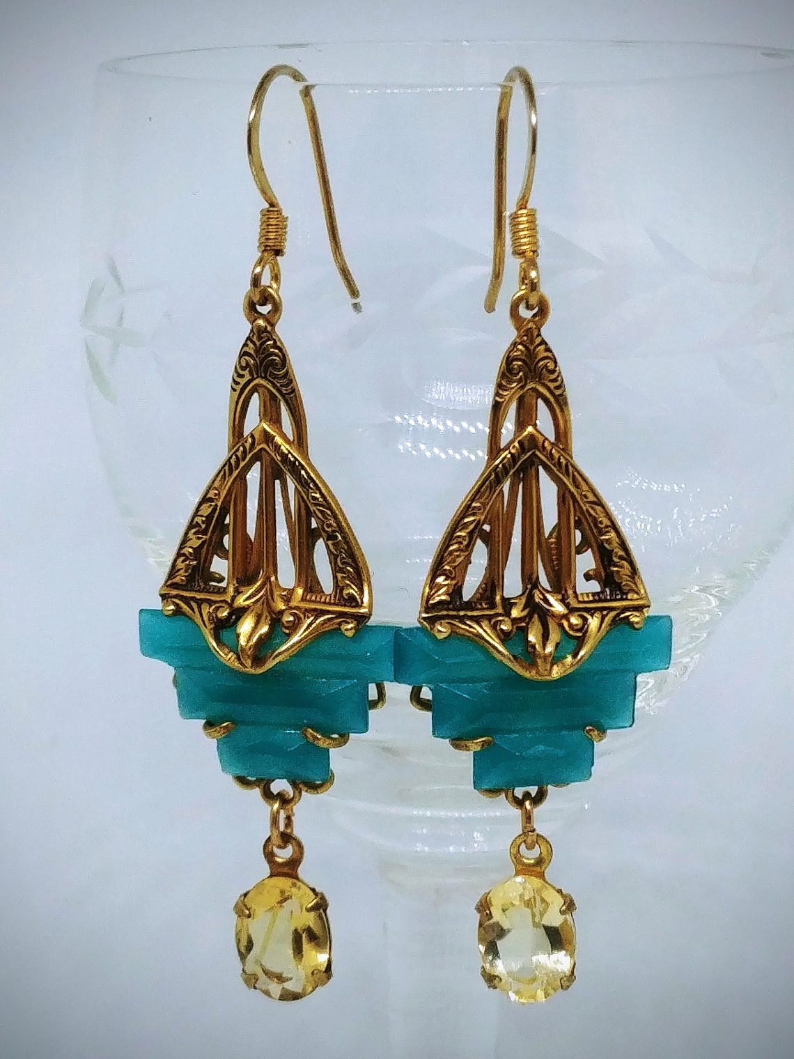 RTS - Art Deco inspired, Citrine & vintage Chrysoprase glass, Necklace and earring Set - GF 4