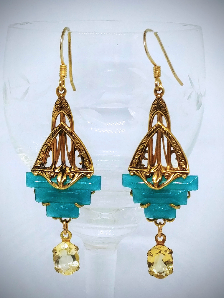 RTS - Art Deco inspired, Citrine & vintage Chrysoprase glass, Necklace and earring Set - GF 1