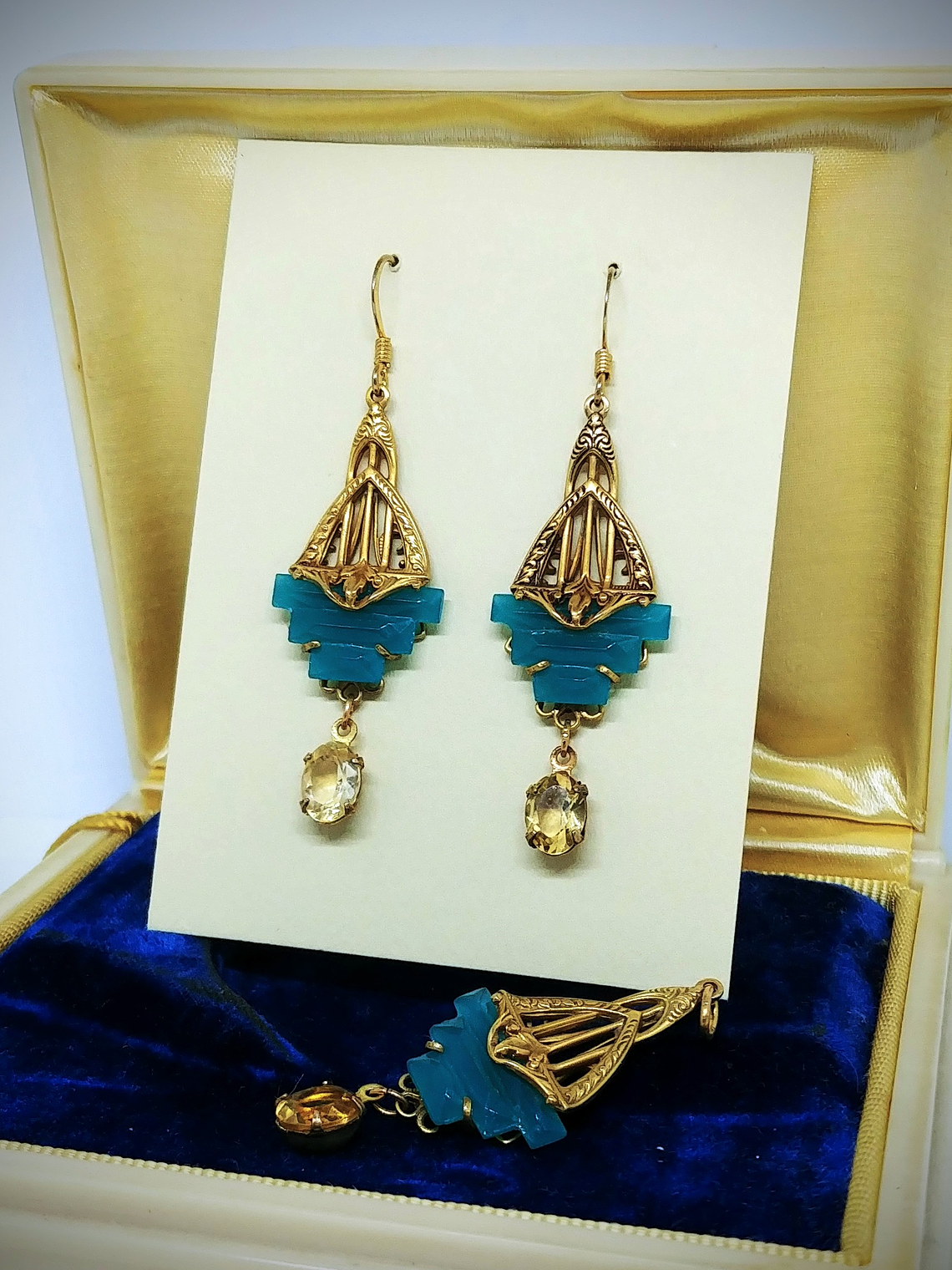 RTS - Art Deco inspired, Citrine & vintage Chrysoprase glass, Necklace and earring Set - GF 5