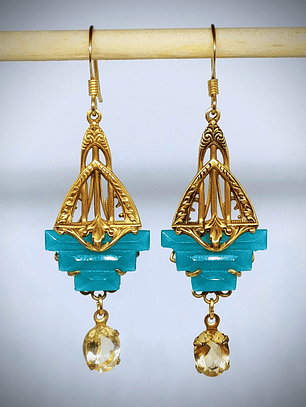 GF - Art Deco inspired, Citrine & vintage Chrysoprase glass, Necklace and earring Set 