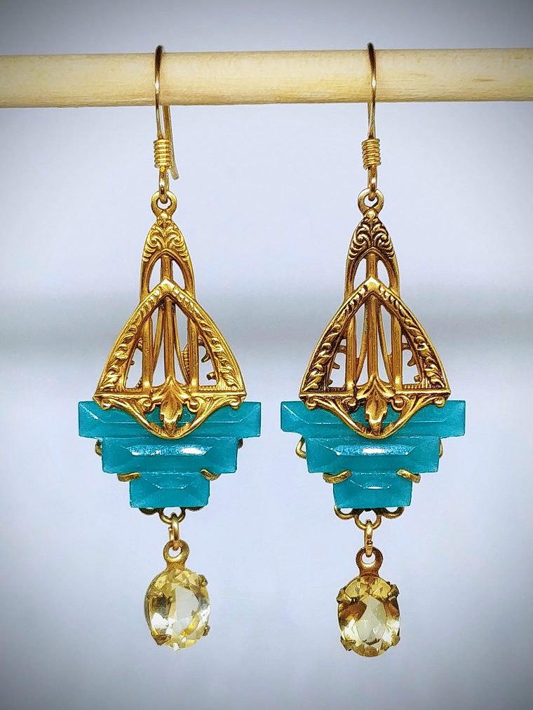 RTS - Art Deco inspired, Citrine & vintage Chrysoprase glass, Necklace and earring Set - GF 2