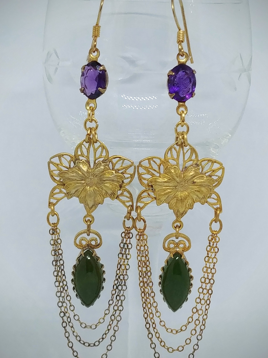 RTS - Long Amethyst and Canada Jade earrings - 14k Gold-filled 1