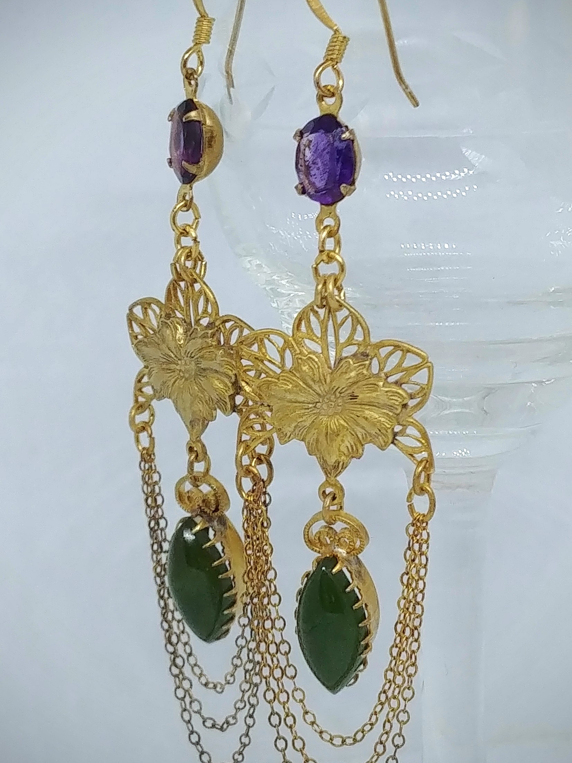 RTS - Long Amethyst and Canada Jade earrings - 14k Gold-filled 2