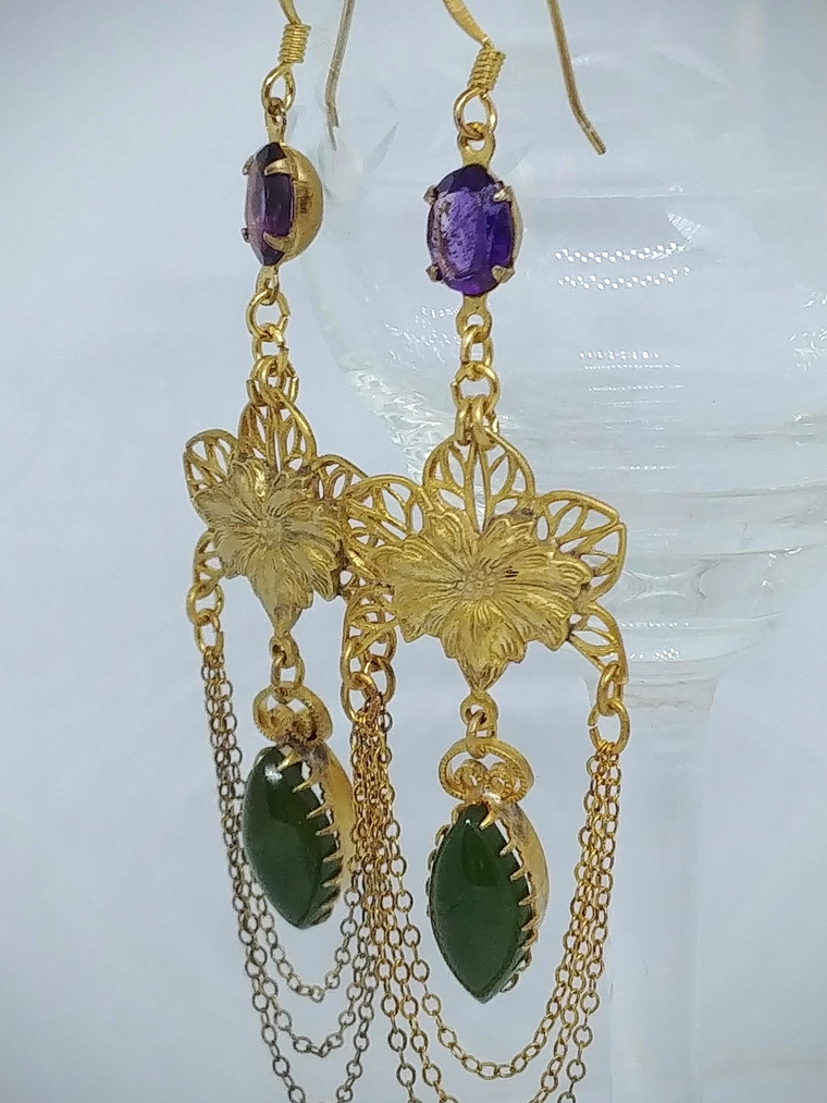 RTS - Long Amethyst and Canada Jade earrings - 14k Gold-filled 2