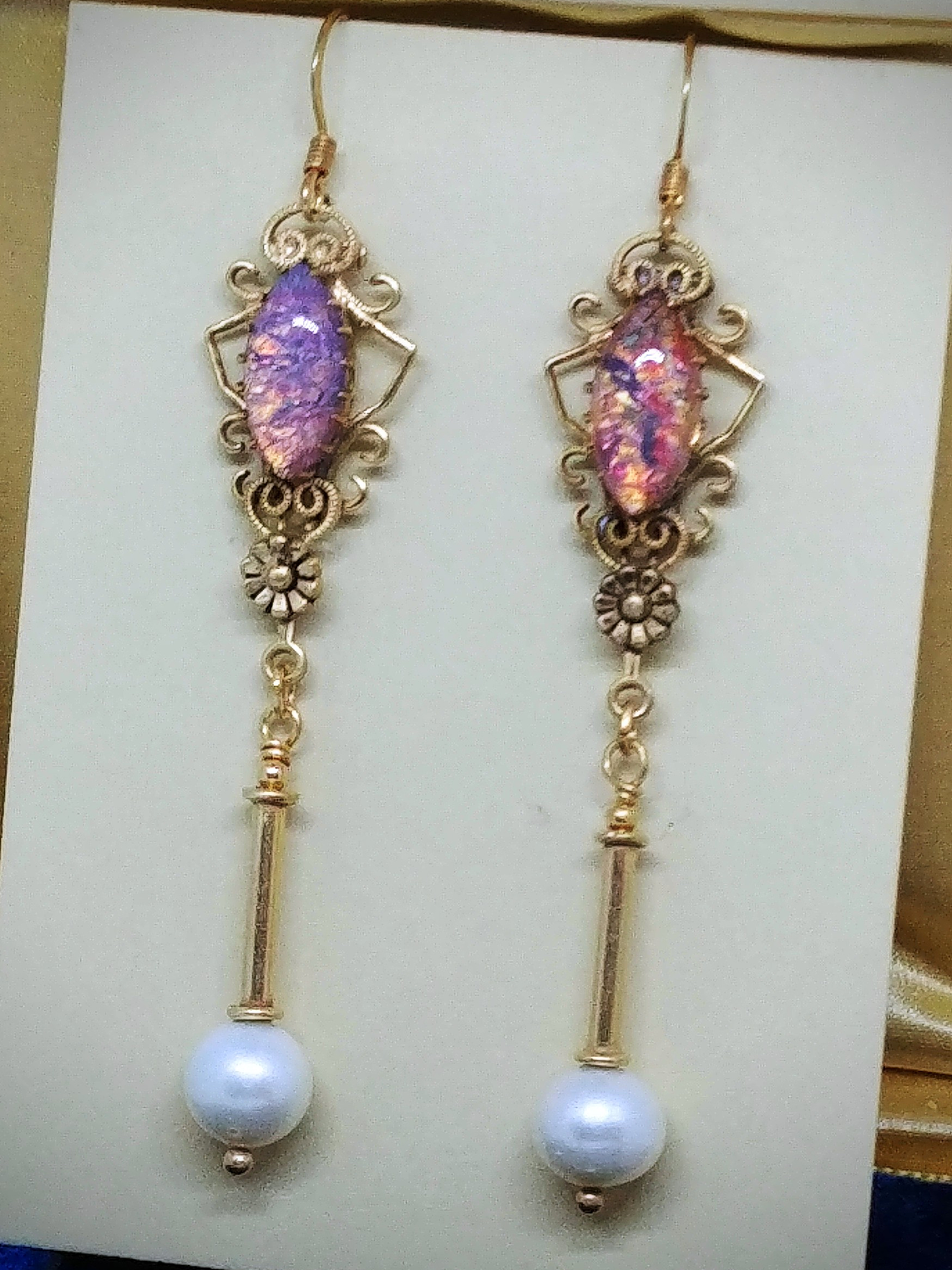 Vintage glass opal and cultured pearl earrings - Gold filled - Private collection 2