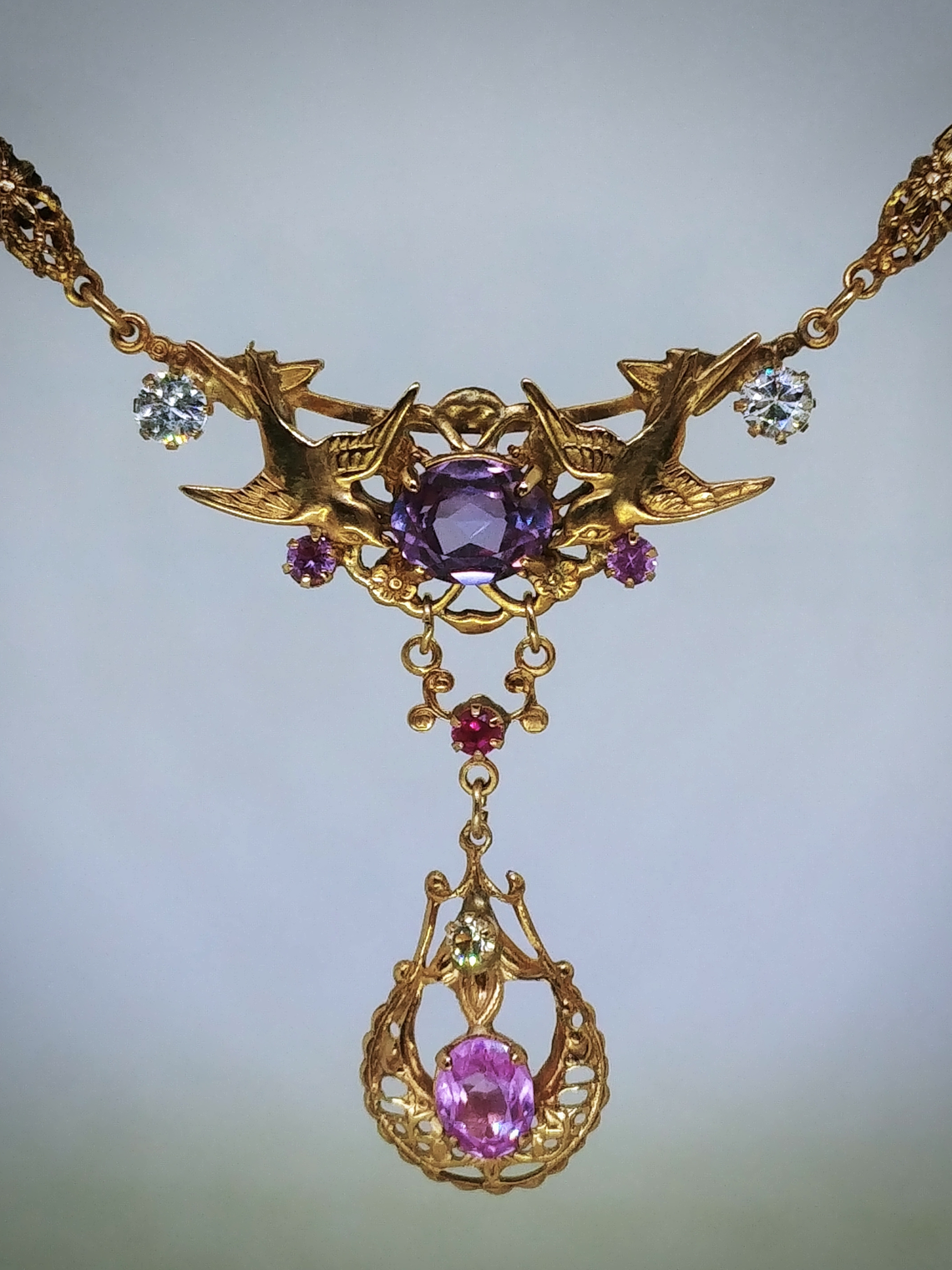 RTS - Victorian love-birds & antique Saphiret, Alexandrite and pink sapphire necklace - Gold-filed 1