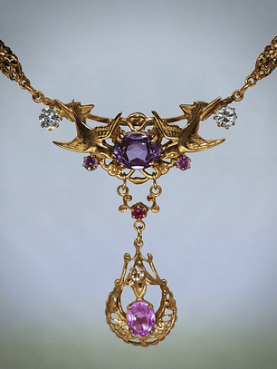 CJ - Victorian love-birds & antique Saphiret, Alexandrite and pink sapphire necklace - Gold-filed