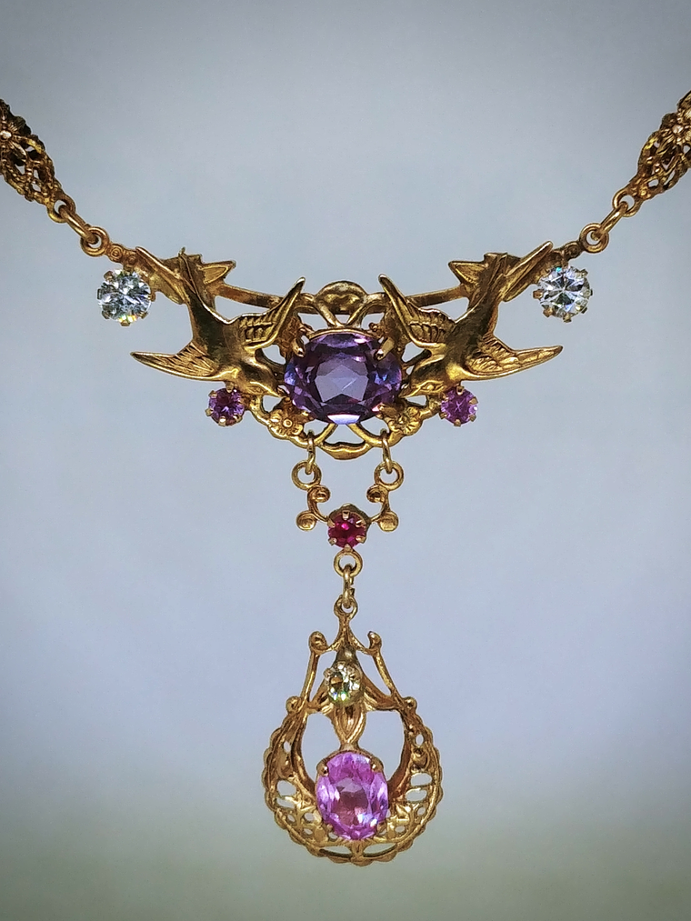 RTS - Victorian love-birds & antique Saphiret, Alexandrite and pink sapphire necklace - Gold-filed 1