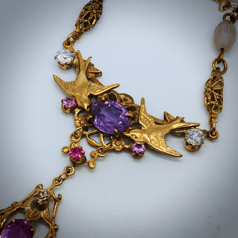 CJ - Victorian love-birds & antique Saphiret, Alexandrite and pink sapphire necklace - Gold-filed