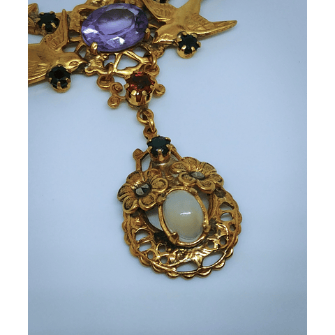 CJ - Victorian love-birds & antique Saphiret, Alexandrite and pink sapphire necklace - Gold-filed