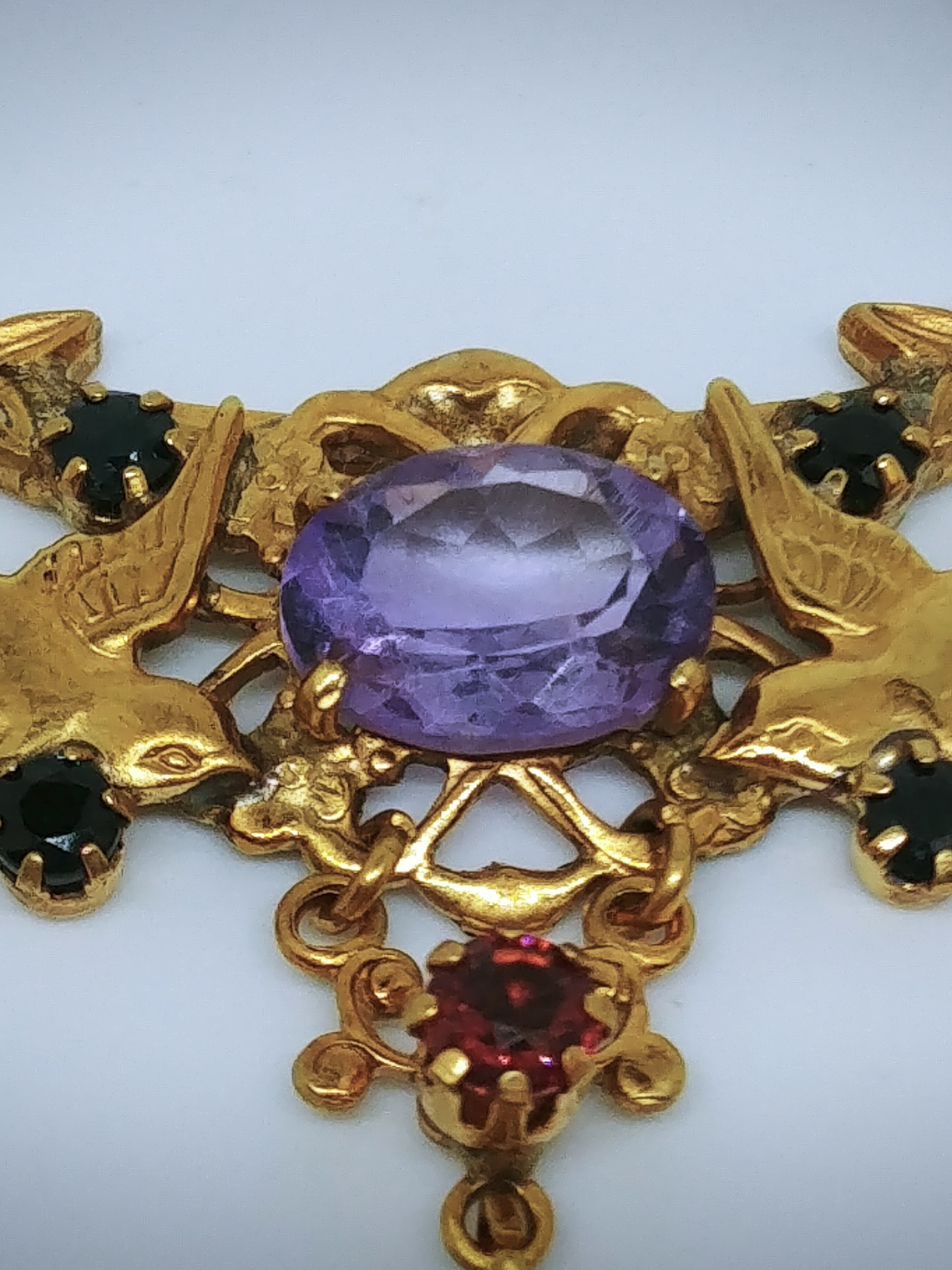 RTS - Victorian love-birds & antique Saphiret, Alexandrite and pink sapphire necklace - Gold-filed 4