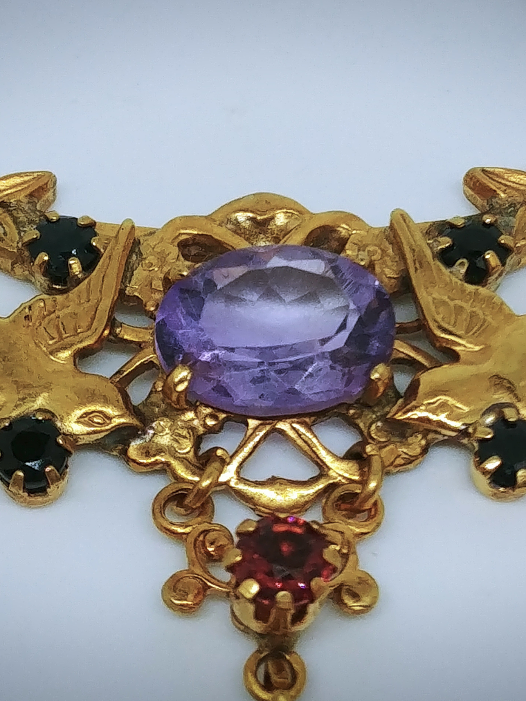 RTS - Victorian love-birds & antique Saphiret, Alexandrite and pink sapphire necklace - Gold-filed 4