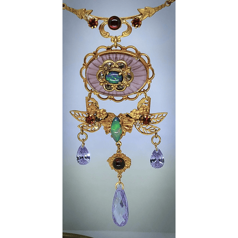 CJ - Art Nouveau style, Genuine Opal & Gemstone, vintage purple camphor glass necklace