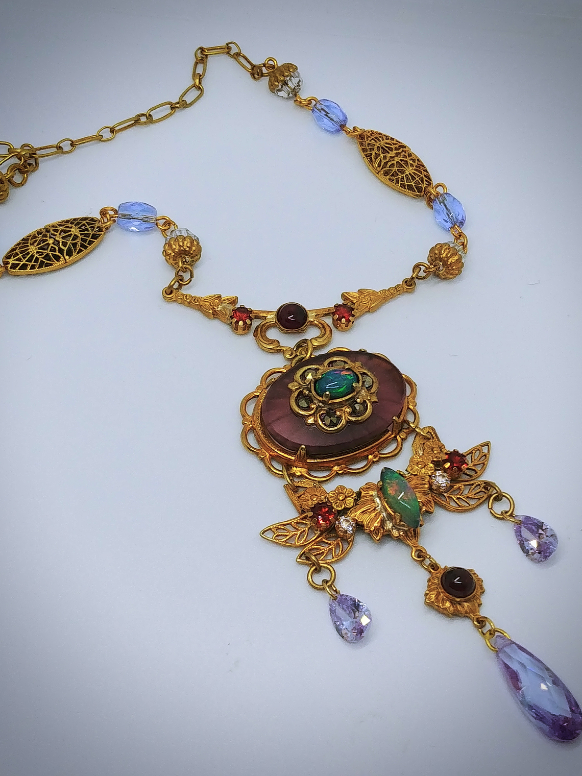 RTS - Art Nouveau style, Genuine Opal & Gemstone, vintage purple camphor glass necklace - Costume 3